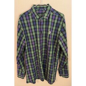William Murray Golf Shirt Men's‎ Size Large Green Navy Plaid Stretch Performance